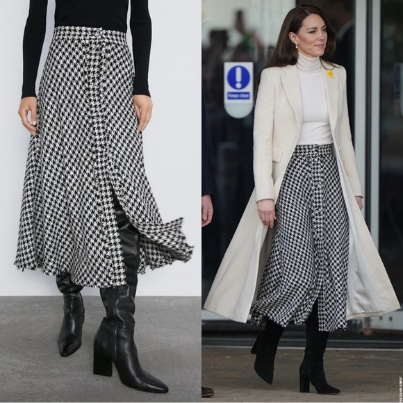 Zara Dresses & Skirts - Zara Black White Houndstooth Tweed Button Down Midi Skirt Blogger Favorite Work